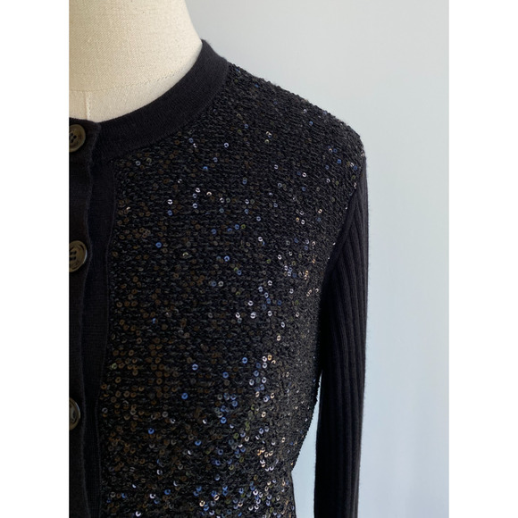 CURRENT St John Sequin-Front Wide Rib Knit Wool Silk Cardigan sz M $795 - Picture 6 of 13